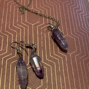 Purple Amethyst Crystal Pendant Necklace and Earring Set